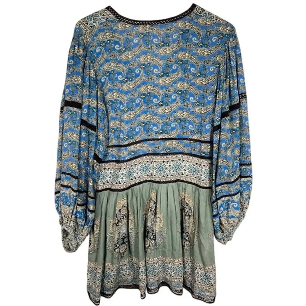 Free People Women's Luna Scarf Print Tunic Blouse S Ocean Combo Flowy Boho Top - Picture 3 of 9